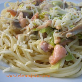 espagueti-salmon-champiñones-puerro Espaguetis con nata y salmón